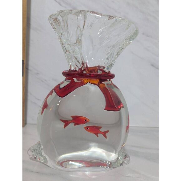 Murano Vintage Bag Tied With Bow Two Gold Fish Blown Glassware - Picture 3 of 6